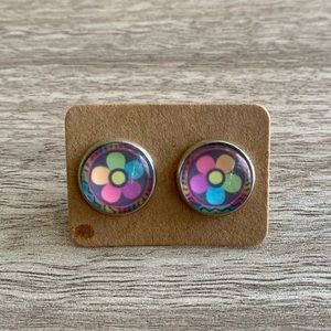 Rainbow flower round 12mm earring set new